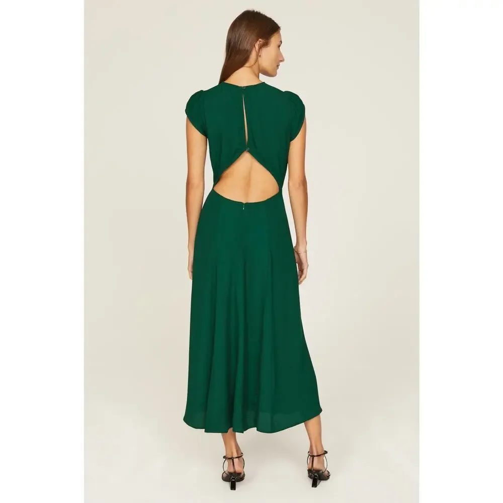 REFORMATION Emerald Green A-Line Crewneck Cap Sleeves Gavin Midi Dress Size 4 - Picture 2 of 12